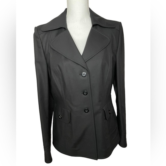 Ellen Tracy Black Blazer Cotton Spandex Wide Notch Collar Three Button Size 10 - Picture 1 of 10